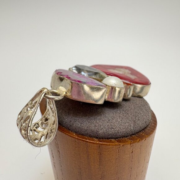 VTG Sterling Silver 925 Multi-Gemstone Glass Heart Pendant Size 3.25" Length - Picture 8 of 13